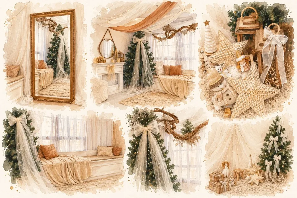 Ilustração em aquarela de elementos do cenário de Natal do estúdio: árvore com laço de tule, cortinas, espelho, estrelas e presentes
